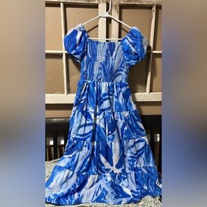 Blue Marble-Print Puff Sleeve Kids Dress